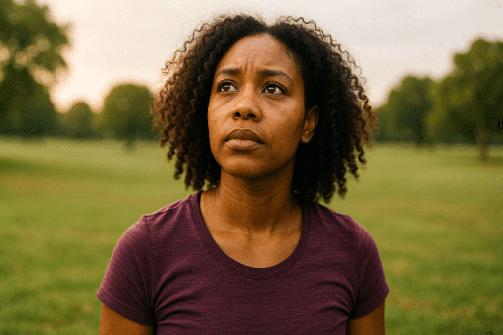 A young African American woman stands in a sun-drenched grassy field during early morning light, gazing upward with a calm and thoughtful expression. Surrounded by nature, her posture and the serene lighting suggest inner renewal, symbolizing the mental clarity and health supported by mitochondria-boosting supplements.