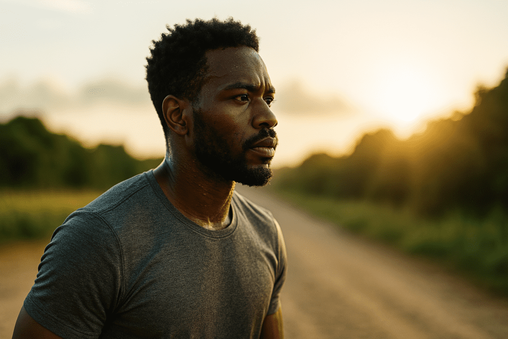 A young African American man stands outdoors at sunrise, sweat glistening on his skin as he looks into the distance with focused intensity. The soft golden light and natural background of trees and a path reflect strength, clarity, and mitochondrial vitality, aligning with themes of energy optimization and cellular performance.