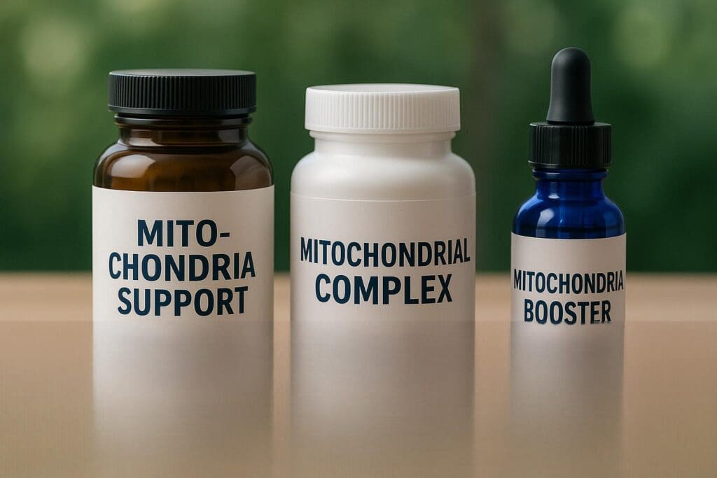 Three distinct supplement bottles—an amber glass, a white plastic, and a cobalt blue dropper—rest on a polished wooden surface under soft natural daylight. Each is accompanied by a small grouping of smooth capsules, visually reinforcing the concept of high-quality, targeted mitochondrial supplements for cellular repair and energy.