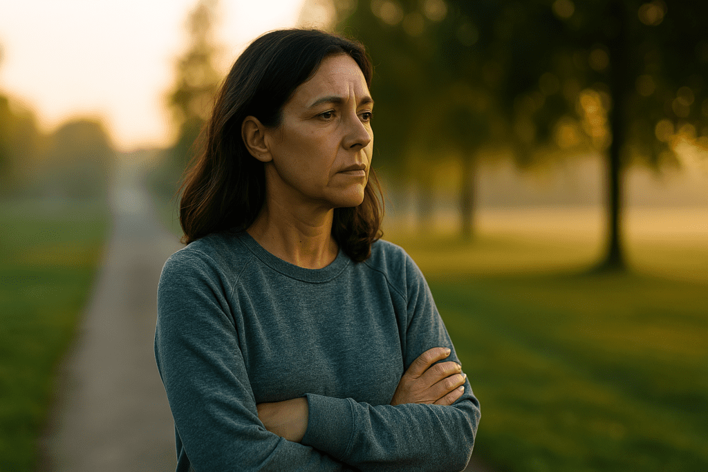 A young woman with light brown wavy hair sits on a wooden bench in a serene field, illuminated by golden sunlight filtering through trees. Her reflective expression and tranquil environment visually underscore the theme of personal wellness and cellular aging as connected to telomere function and mental well-being.