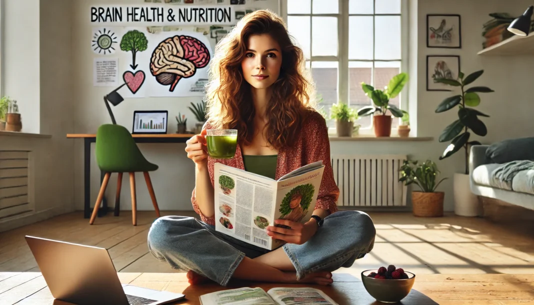 Woman learning about cognitive health in a sunlit room, surrounded by brain-supportive foods and wellness tools.