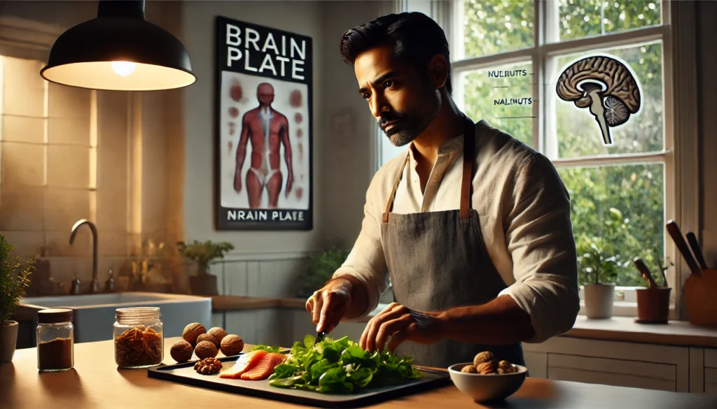 Nutritionist preparing a brain-healthy meal of leafy greens and salmon, emphasizing the nutrients that support cognitive function.