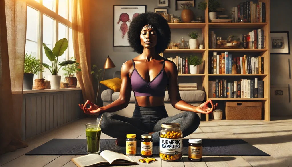 Middle-aged woman practicing anti-inflammatory lifestyle with meditation and brain-boosting supplements to combat neuroinflammation.