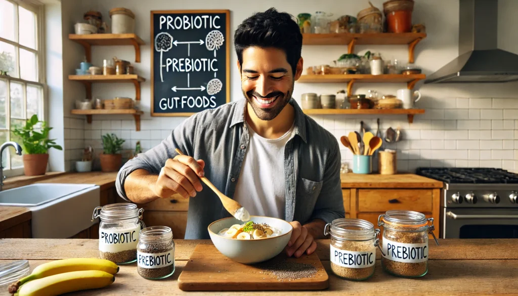 Man preparing a gut-healthy probiotic meal, reinforcing the gut-brain connection’s role in cognitive performance.