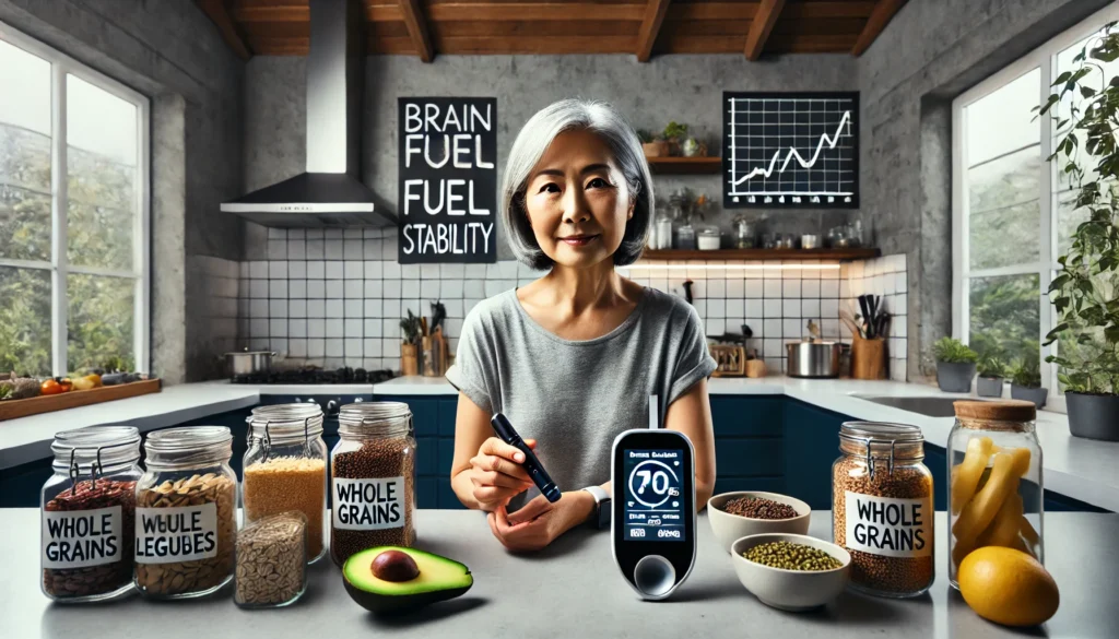 Senior woman monitoring blood sugar beside brain-friendly foods, highlighting the link between glucose stability and cognitive health