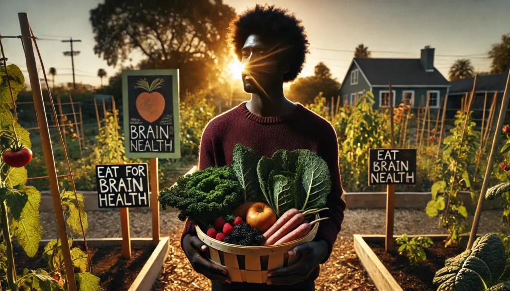 Man walking through a garden with brain-boosting vegetables, embodying the message that mindful nutrition supports lifelong cognitive health