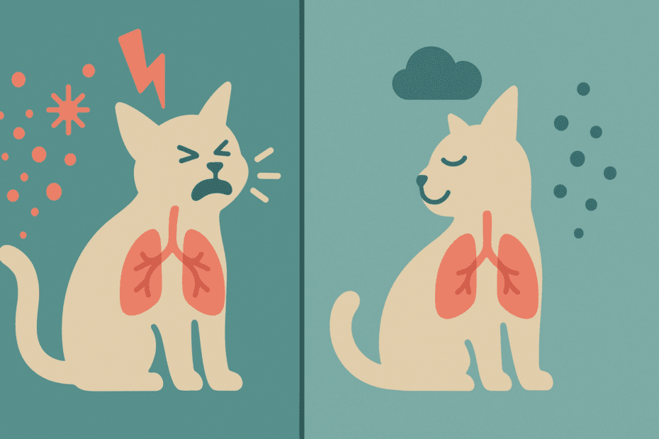 Split-screen infographic of a distressed cat exposed to chemical additives in scented litter versus a calm cat breathing easily with unscented litter.