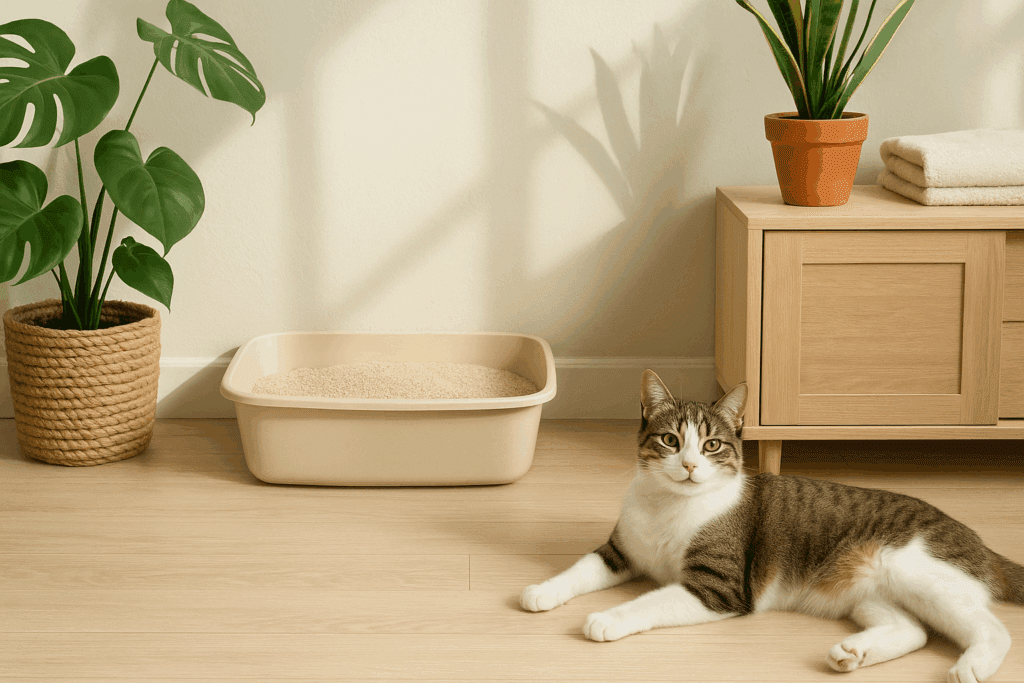Cat lounging beside a litter box in a clean, plant-filled room emphasizing a chemical additives-free environment