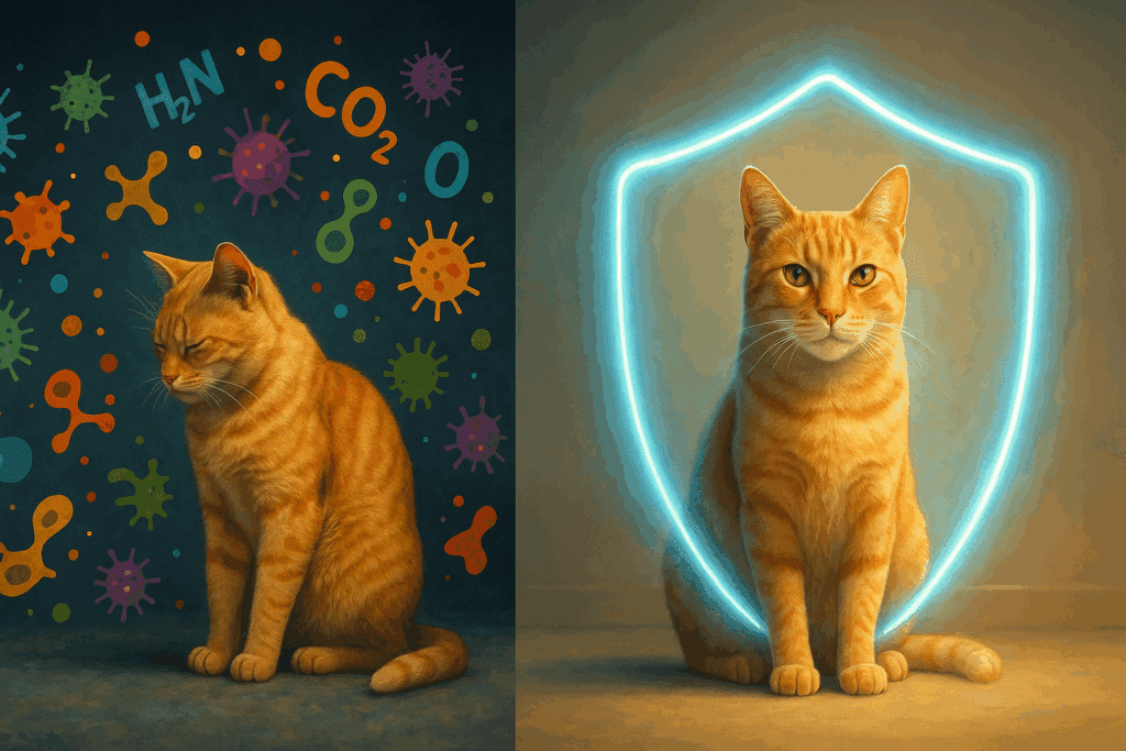 Orange tabby cat surrounded by abstract symbols of chemical additives and toxins, contrasted with a healthy cat shielded by a glowing aura.