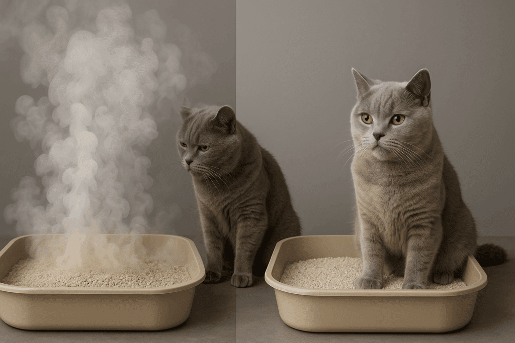 Split-screen of two cats beside litter boxes, contrasting chemical additives in scented litter with clean unscented litter.