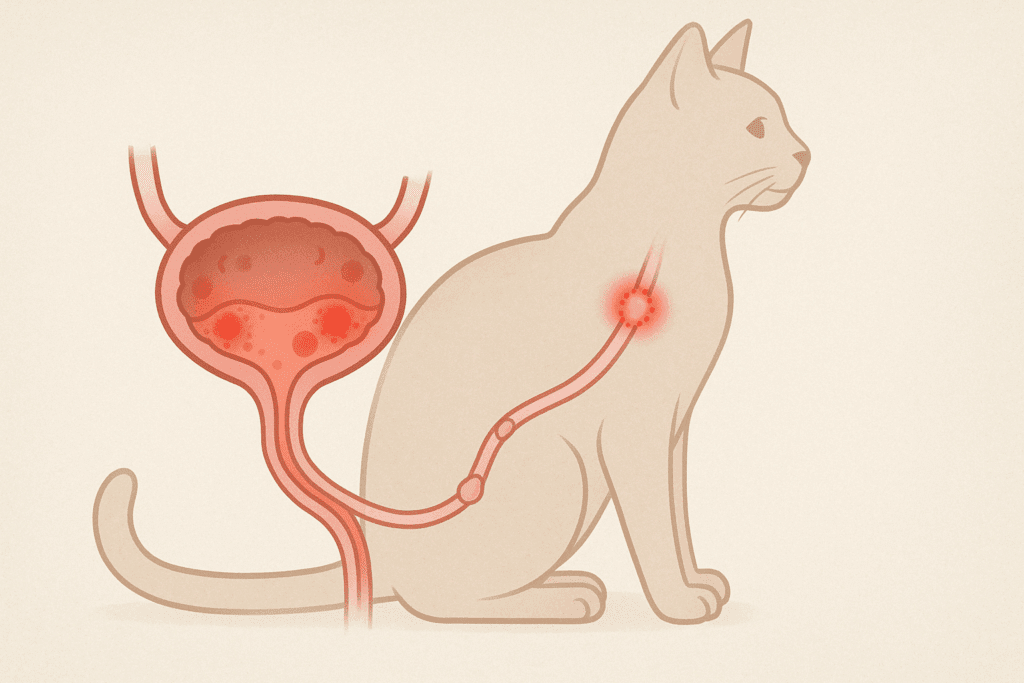 Diagram of a cat's urinary system highlighting bladder inflammation, blockages, and stones, illustrating cat urinary health issues