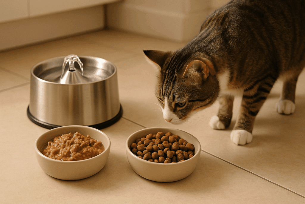 Curious cat sniffs a bowl of wet food beside dry kibble and a water fountain, highlighting diet choices for cat urinary health.
