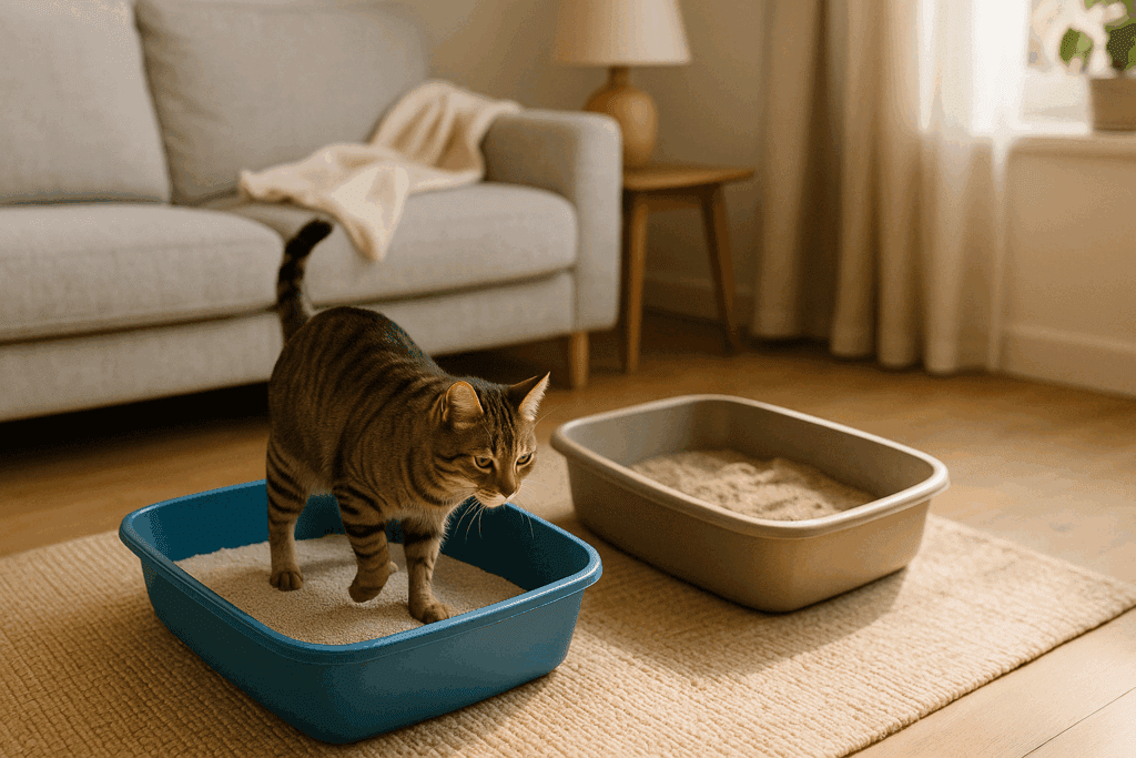 Tabby cat confidently using a fine-grain litter box while a second, coarser box remains untouched, highlighting cat urinary health preferences.