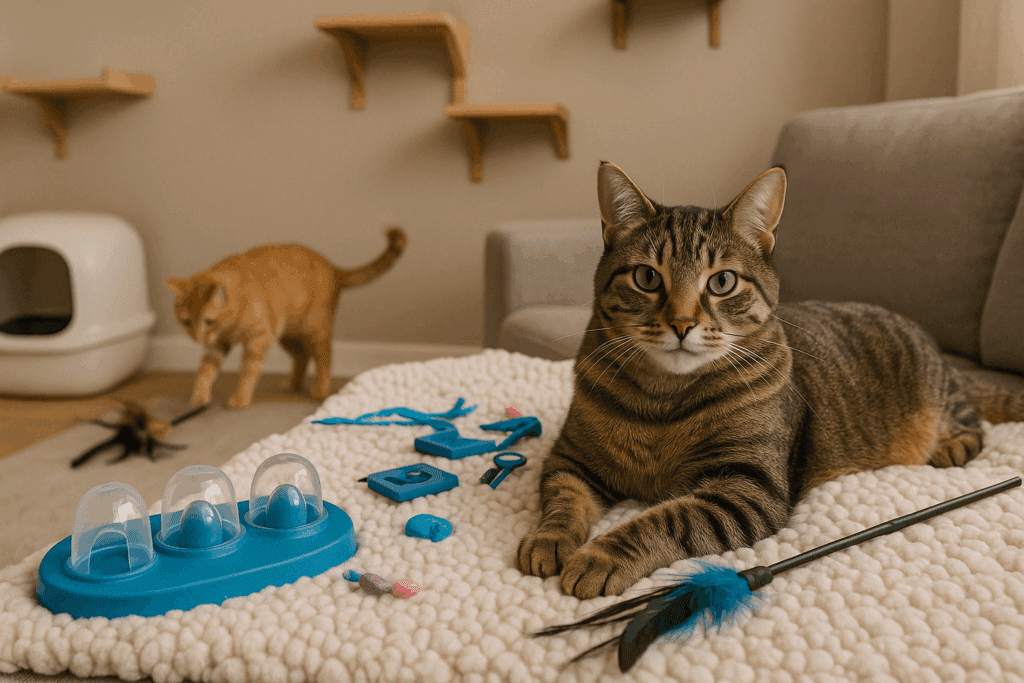 Two indoor cats in a stress-free environment with enrichment toys and separate litter area, promoting cat urinary health.