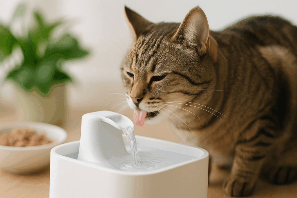 Tabby cat drinking from a modern water fountain beside a bowl of wet food and houseplants, promoting cat urinary health.