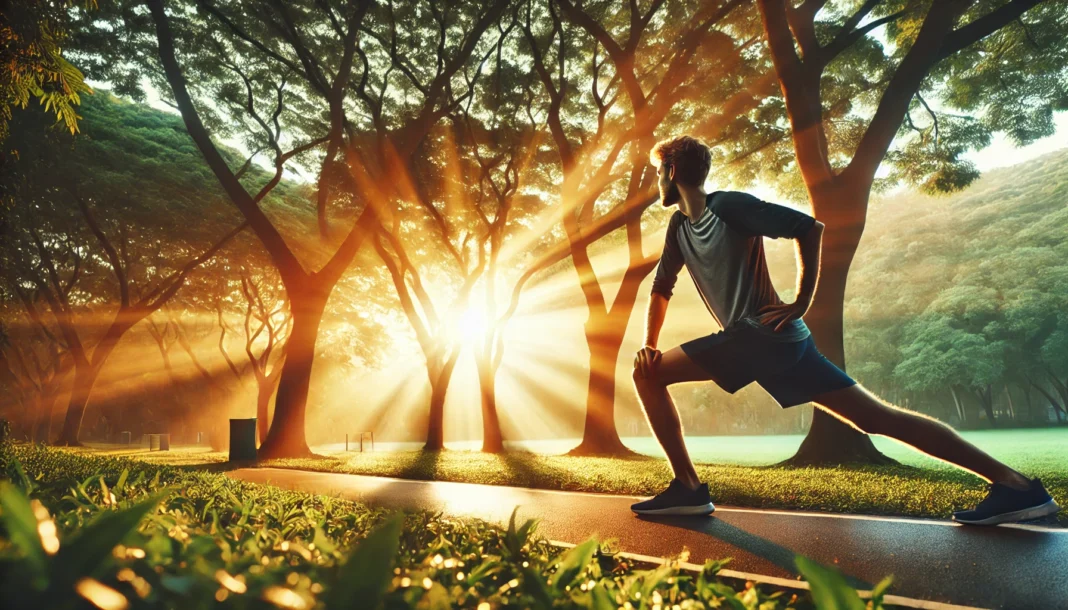 Athlete stretching at sunrise symbolizing the natural connection between exercise and energy for vitality.