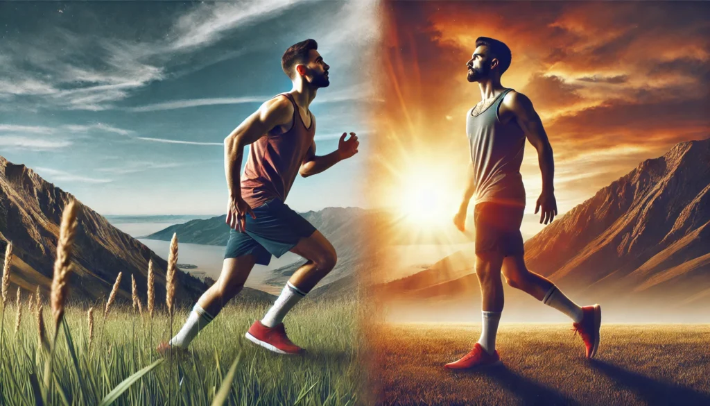 Split view illustrating immediate and long-term energy effects achieved through exercise and energy balance.