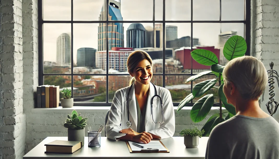 Caring functional medicine doctor in Nashville consulting with a patient in a modern clinic