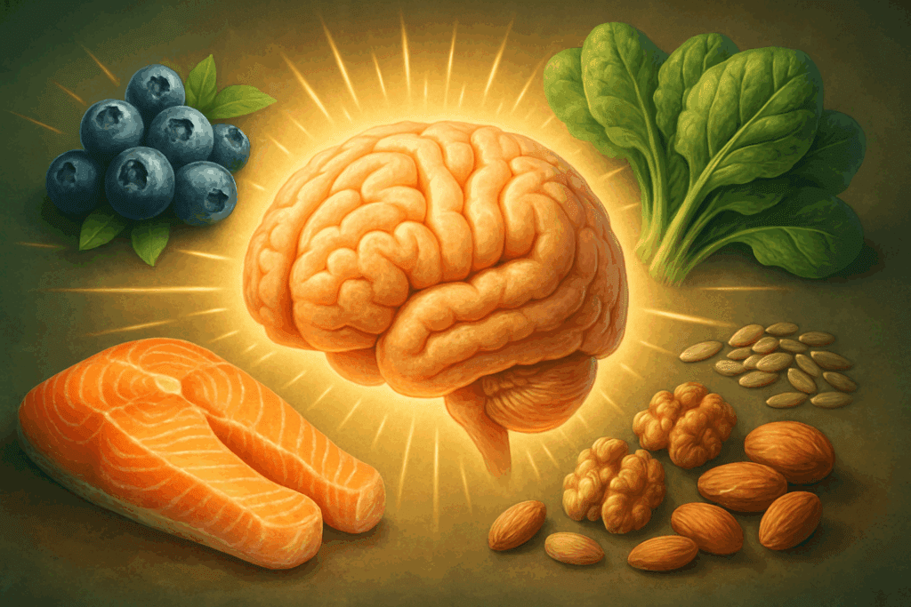 Conceptual illustration of a healthy human brain surrounded by nutrient-rich foods like blueberries, salmon, leafy greens, and nuts, symbolizing ingredients commonly found in the best gummies for brain health and memory.