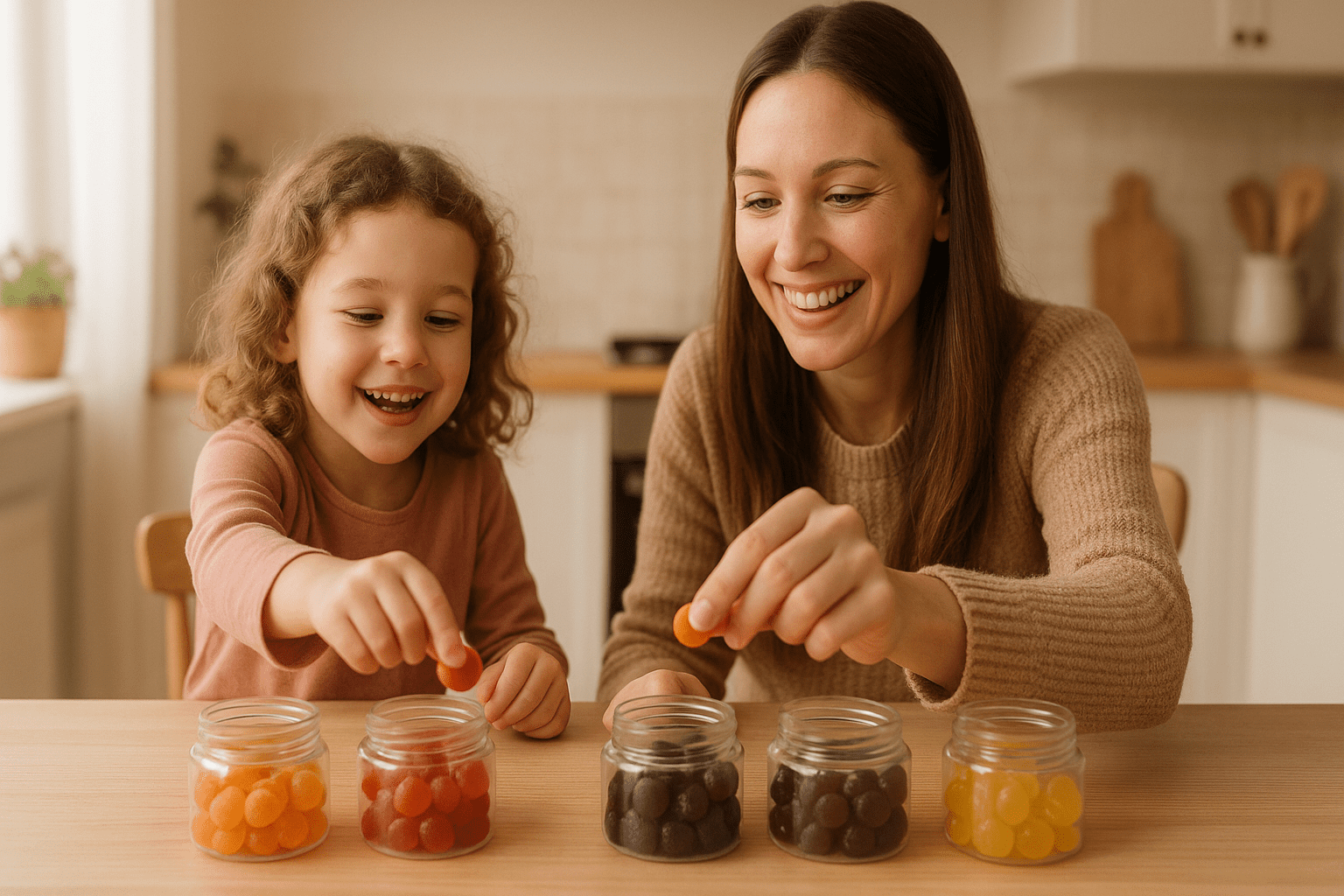 Smiling mother and daughter reaching for colorful gummy supplements in a cozy kitchen, highlighting the best gummies for brain health and memory.