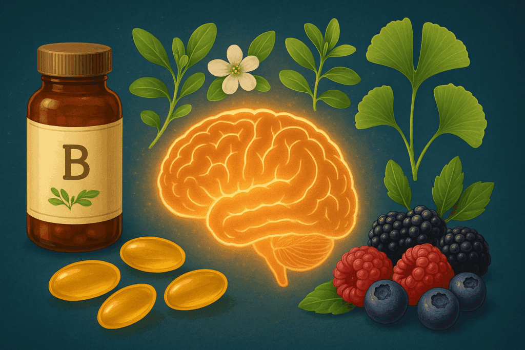 Glowing brain illustration surrounded by vitamin B-complex bottle, omega-3 capsules, Bacopa monnieri leaves, Ginkgo biloba plants, and antioxidant-rich berries, representing the best gummies for brain health and memory.