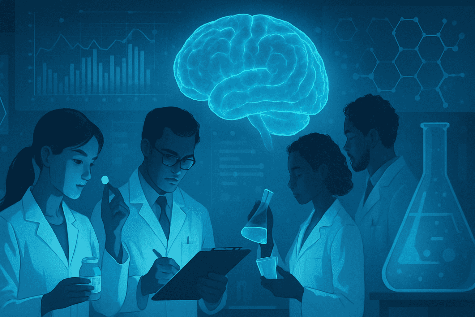 Researchers in a futuristic lab analyzing supplement ingredients with holographic brain scans and data charts, representing the best gummies for brain health and memory.