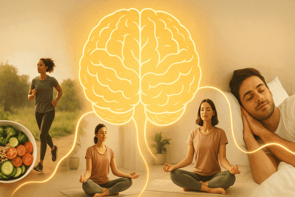 Serene montage showing healthy eating, jogging outdoors, meditation, and restful sleep connected by glowing energy to symbolize best gummies for brain health and memory.