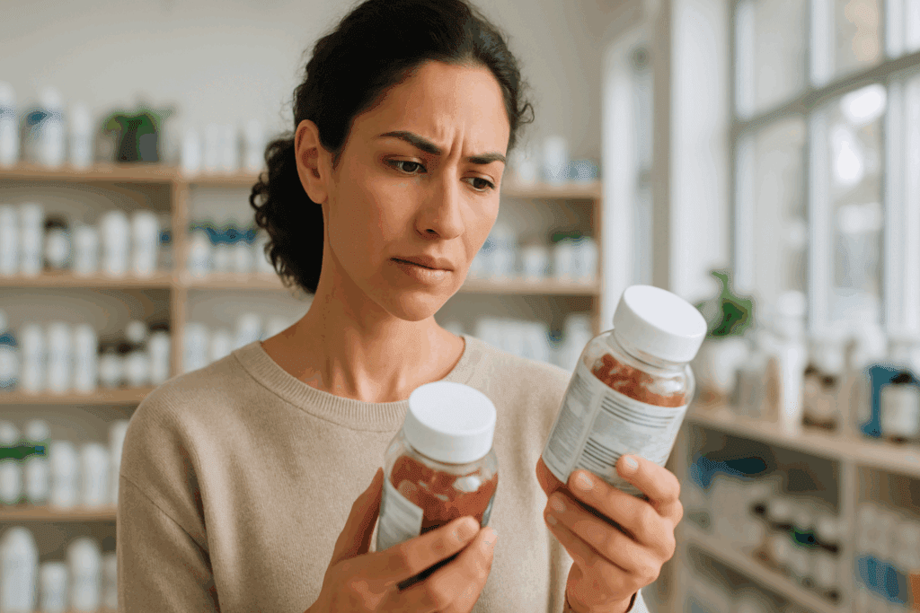 Thoughtful woman comparing two supplement bottles in a health store while evaluating the best gummies for brain health and memory.