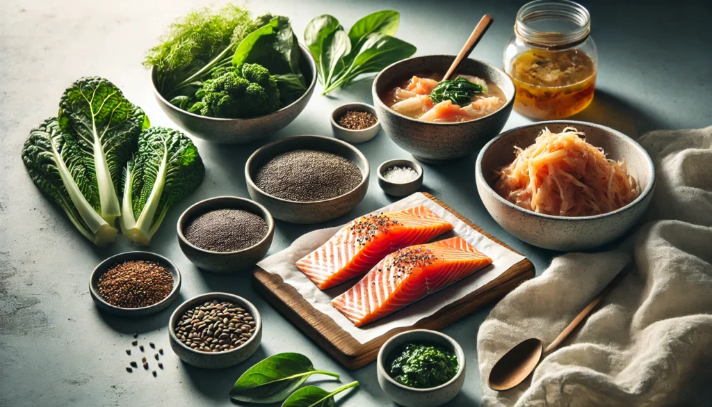 Meal prep table with gut friendly foods and healing diets featuring salmon, chia, greens, kimchi, and broth.