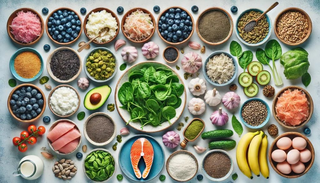 Top 10 gut friendly foods and healing diets displayed including kefir, blueberries, salmon, garlic, and greens.