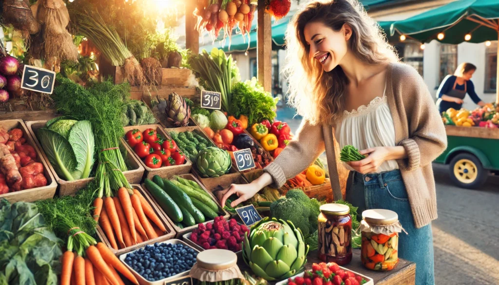 Woman selecting colorful gut friendly foods and healing diets at a fresh farmers’ market for optimal gut health.