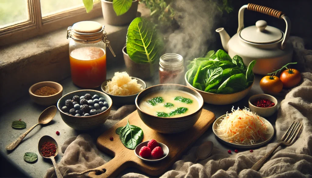 Gut friendly foods and healing diets featuring bone broth, greens, sauerkraut, and berries for gut repair.