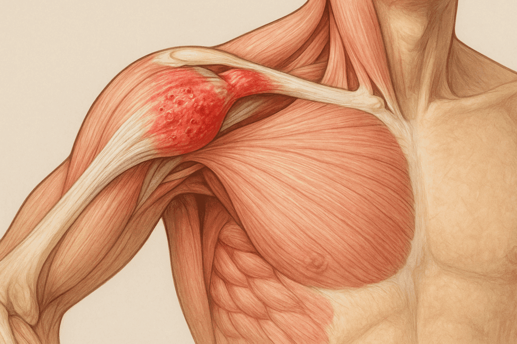 Anatomical illustration of a human shoulder showing inflamed tendon tissue with swelling and micro-tears related to Tendon Repair.