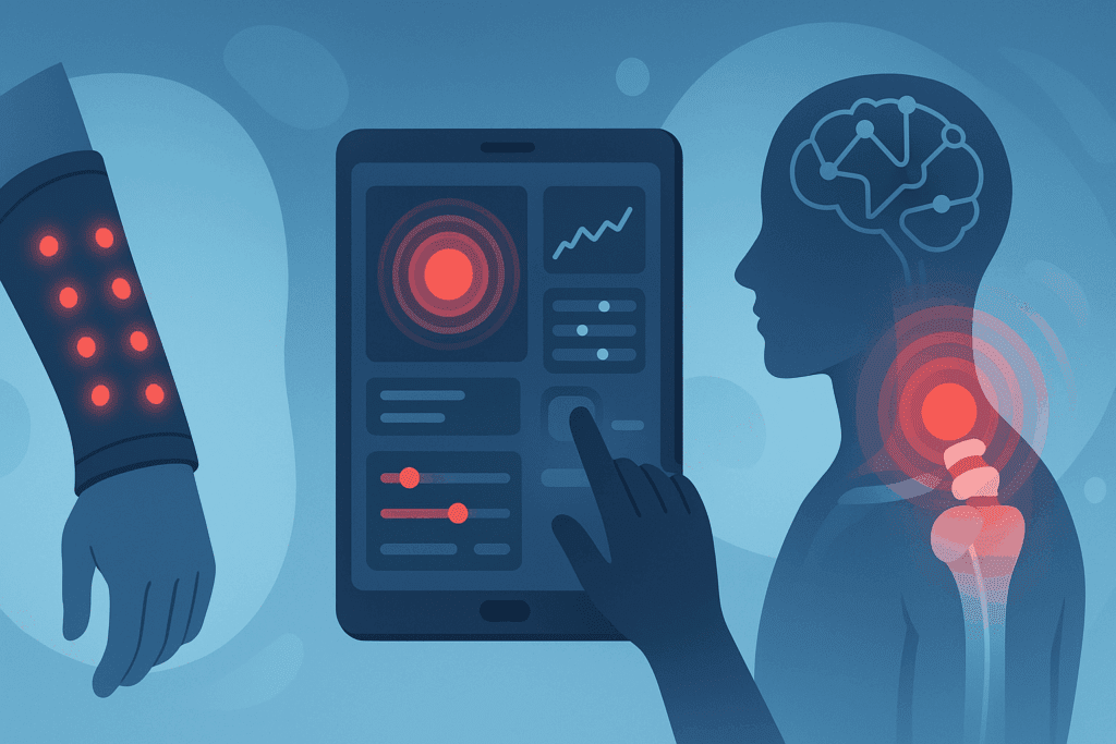 Infographic showing futuristic tendon repair methods using wearable red light therapy sleeves, AI-controlled treatment dashboards, and targeted healing of musculoskeletal tissues