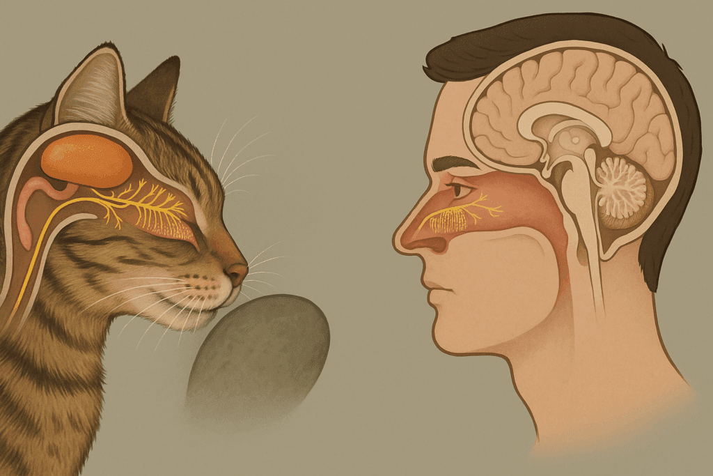 Side-by-side cutaway of a cat's and human's olfactory systems, illustrating why cats detect unscented litter more effectively