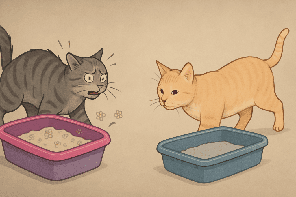 Stressed gray cat recoiling from a scented litter box beside a calm orange cat approaching an unscented litter box.
