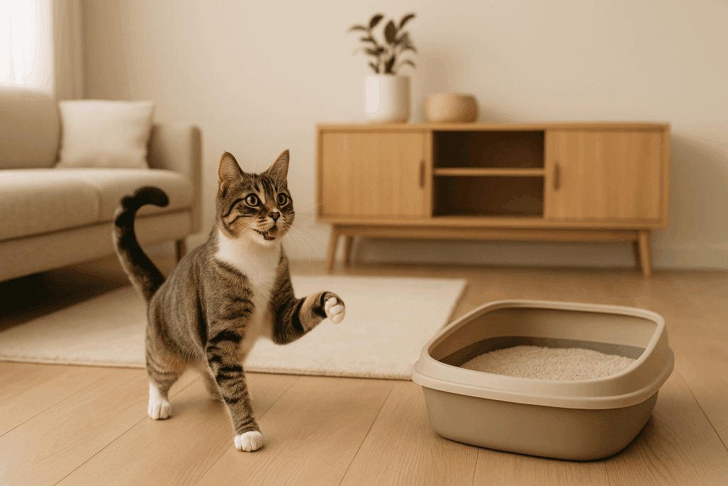 Playful indoor tabby cat beside an open box of unscented litter in a tidy, sunlit living room with earthy decor.