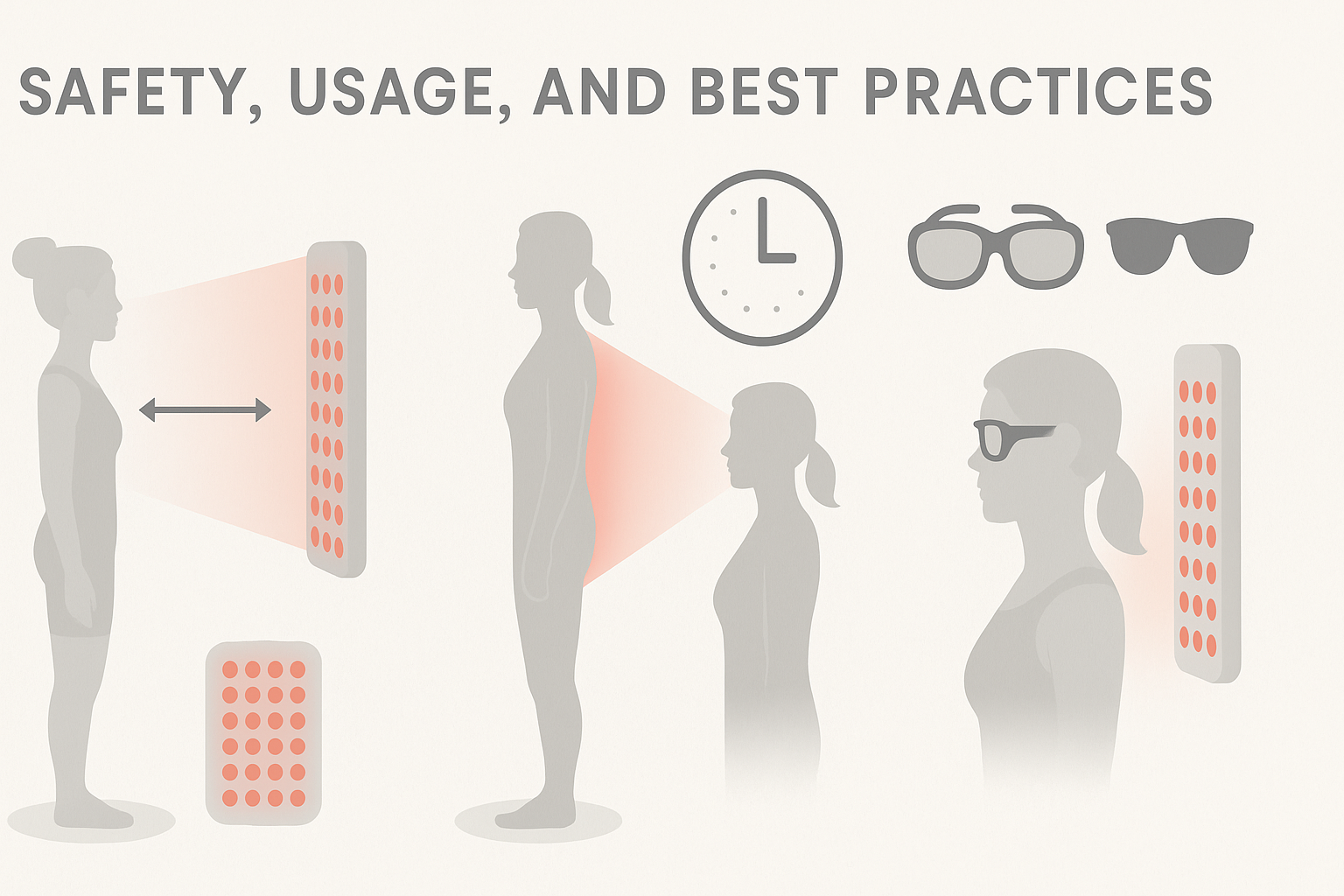 Best practices infographic for using professional red light therapy devices, showing proper distance, session timing, and eye protection.