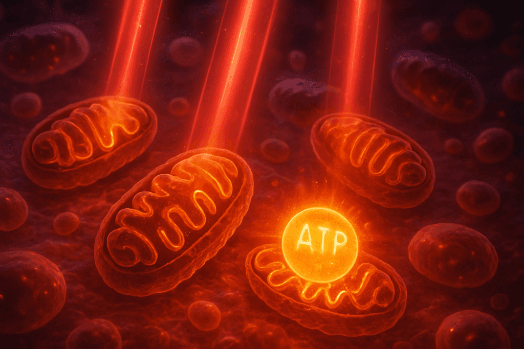 Mitochondria inside human cells energized by beams of red and near-infrared light, illustrating ATP production enhanced by red light therapy belts