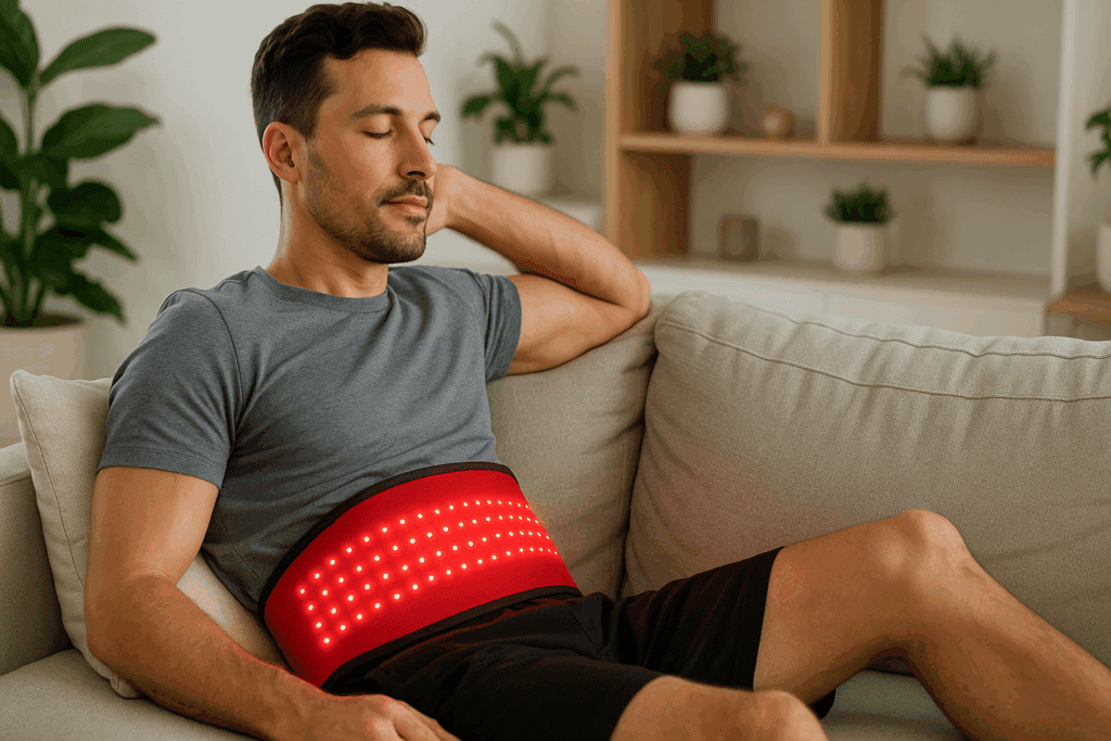 Man relaxing on a sofa at home using red light therapy belts around his lower back for targeted pain relief and wellness
