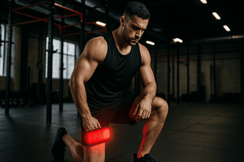 Focused athlete kneeling in a gym, wearing one of the red light therapy belts around the thigh with a soft red glow.