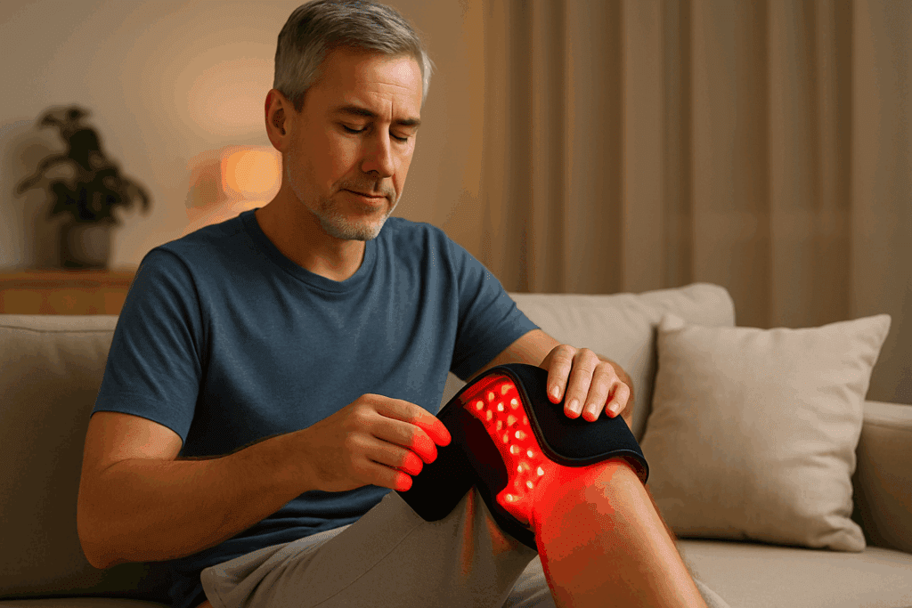 Middle-aged man relaxing on a sofa while using one of the red light therapy belts on his knee for pain relief.