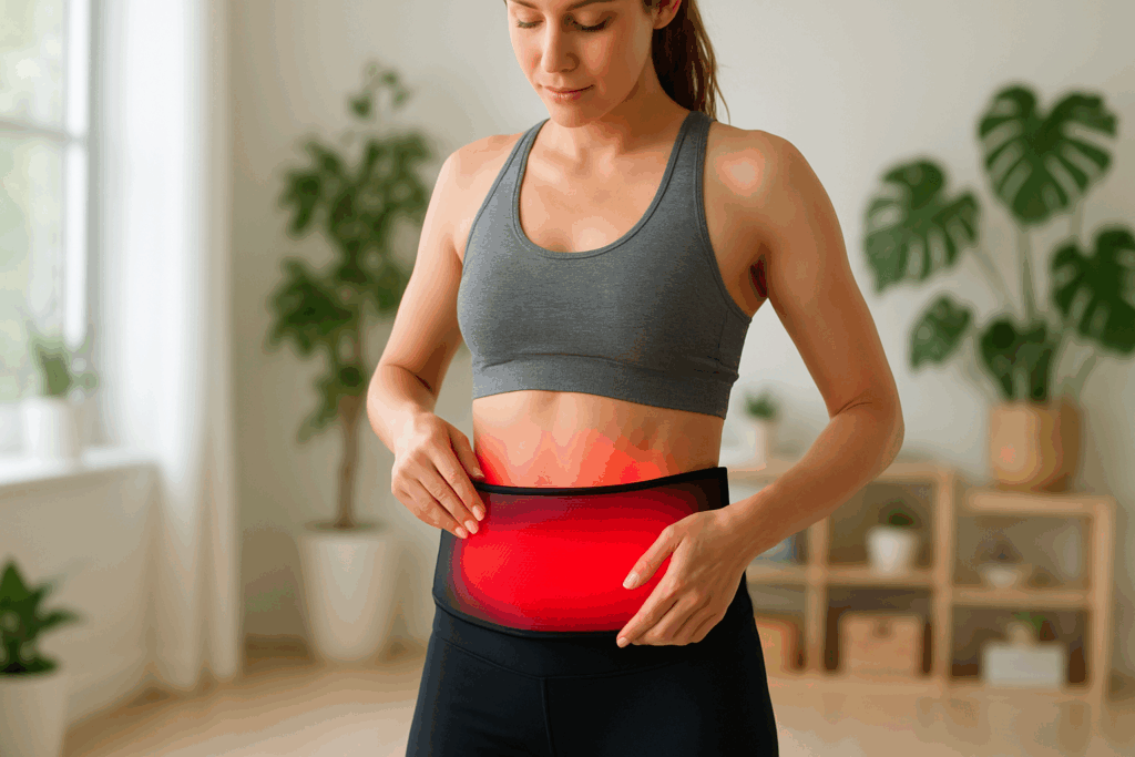 Healthy woman using red light therapy belts on her abdomen in a bright, wellness-focused room to support metabolism and fitness.