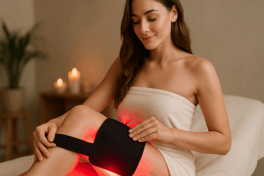 Woman in a spa setting using red light therapy belts on her thigh for skin rejuvenation and beauty enhancement.