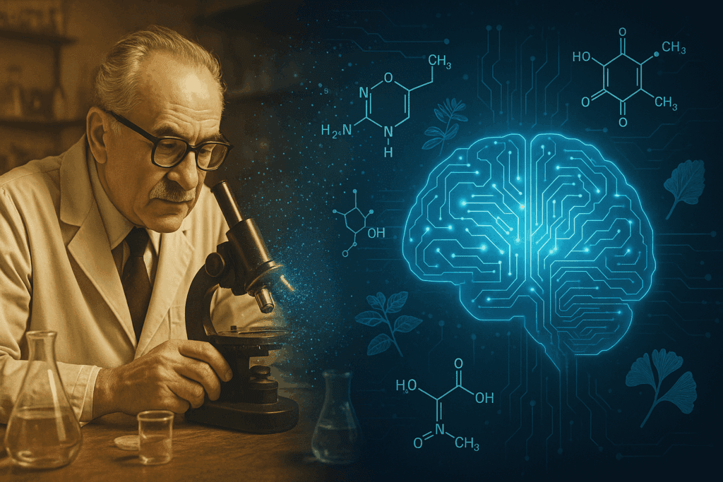 Vintage scientist in a 1970s lab transitions into a digital brain interface, symbolizing the evolution of the best nootropic stack from early research to futuristic cognitive enhancement.