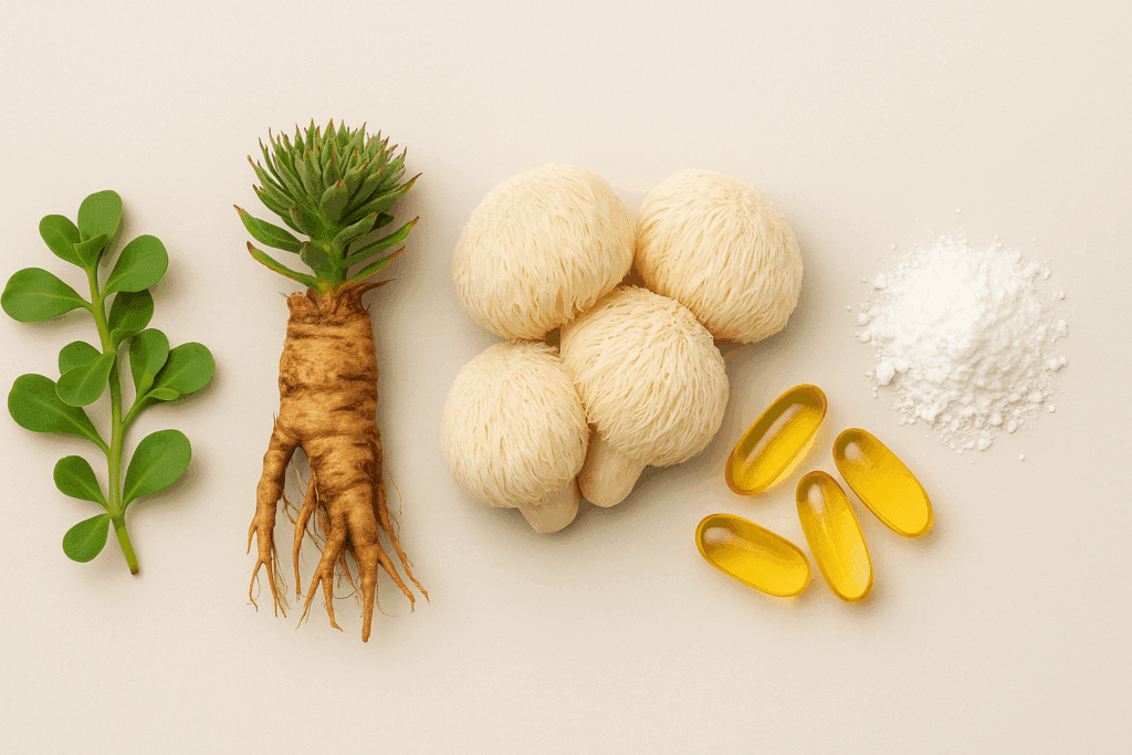 Top-down view of ingredients in the best nootropic stack, including Bacopa monnieri leaves, Rhodiola root, Lion’s Mane mushrooms, fish oil capsules, and citicoline powder.
