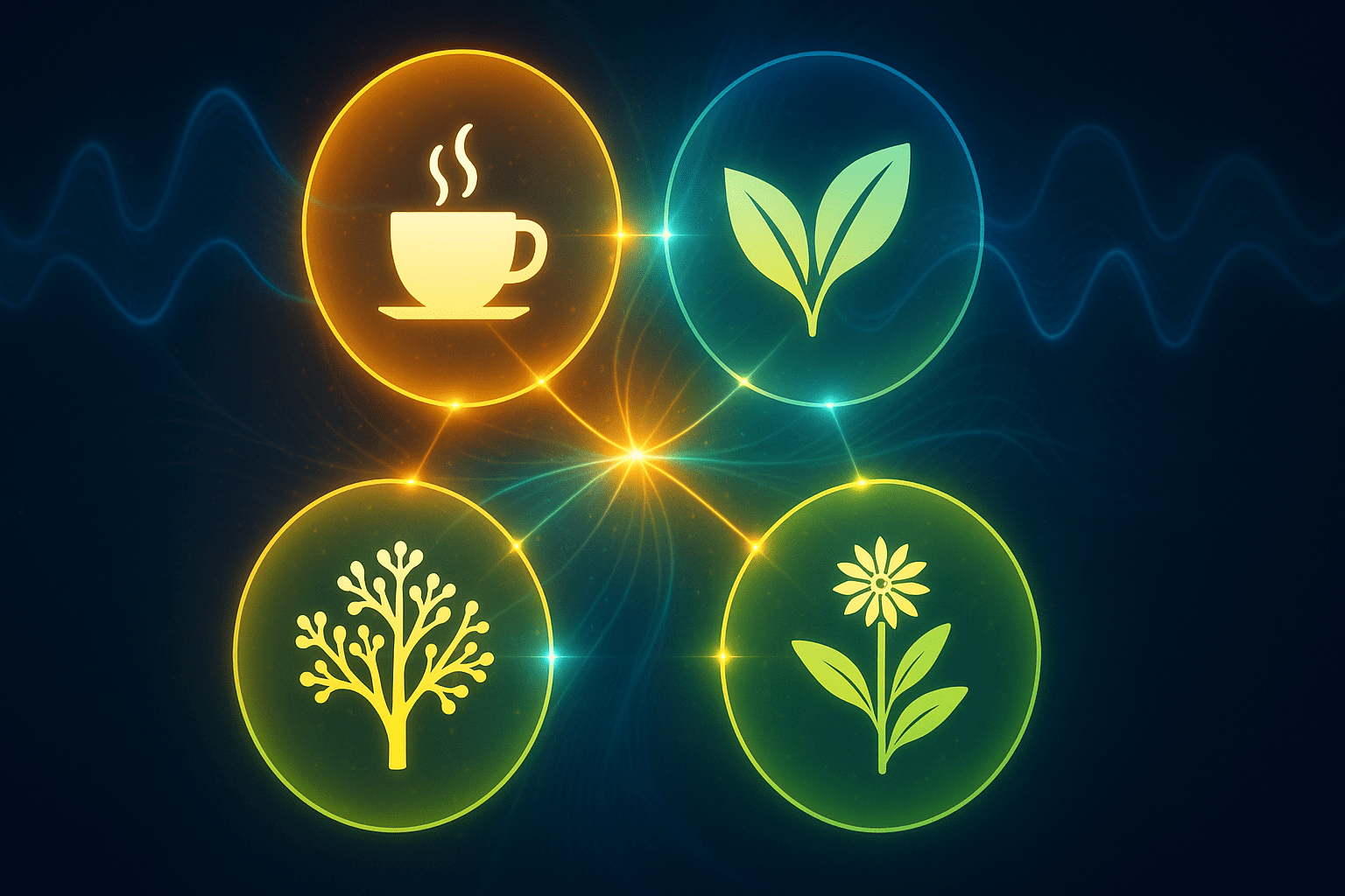 Conceptual visualization of the best nootropic stack showing glowing icons of caffeine, green tea leaves, Bacopa, and Rhodiola interconnected to symbolize cognitive synergy