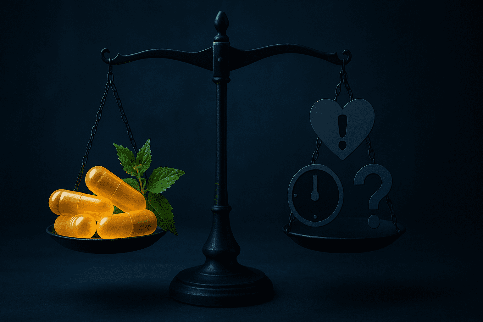 Balance scale weighing glowing capsules and herbs against caution symbols under moody lighting, symbolizing risks in finding the best nootropic stack.