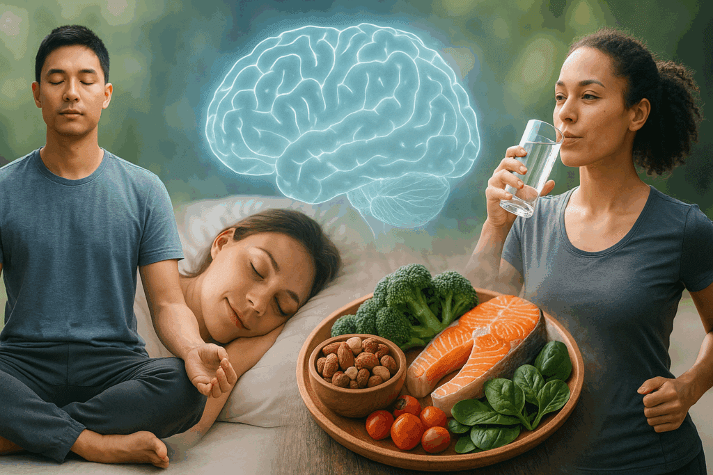 Collage showing meditation, healthy food, hydration, sleep, and jogging with a glowing digital brain in the background, illustrating the best nootropic stack lifestyle.