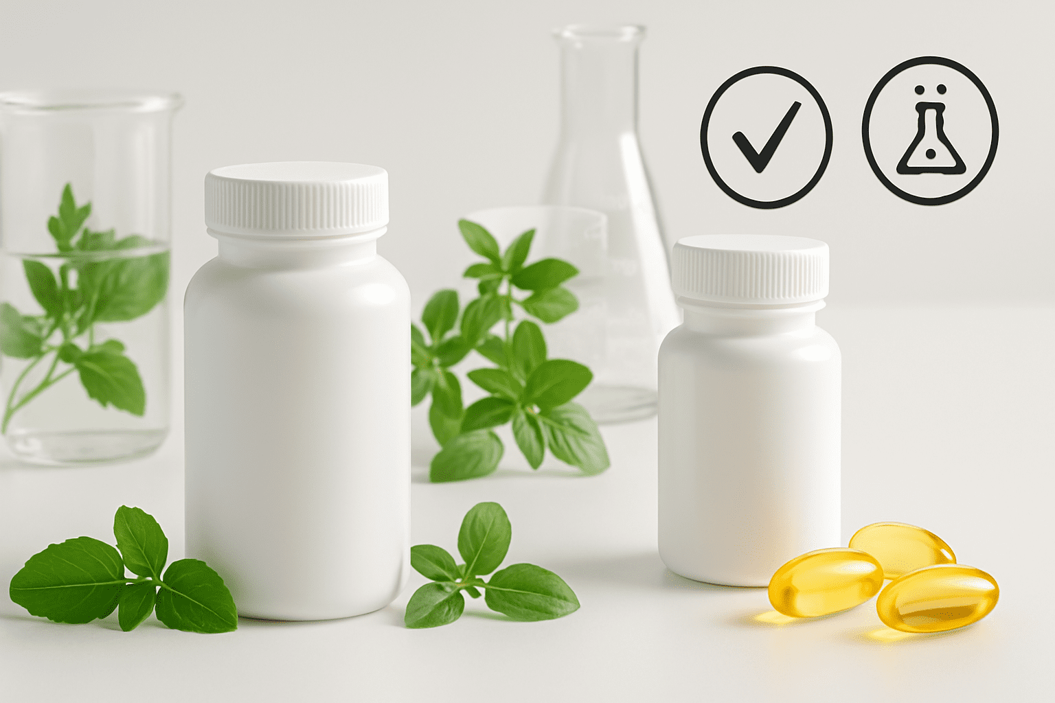 Nootropic supplement bottles with leafy herbs, omega-3 capsules, and lab beakers illustrating the best nootropic stack for purity and quality.